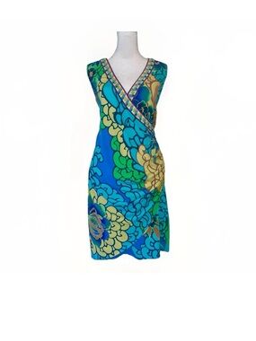 Hale Bob Blue Psychedelic Turquoise, Lime Floral V-Neck Sleeveless Beaded - Sz L